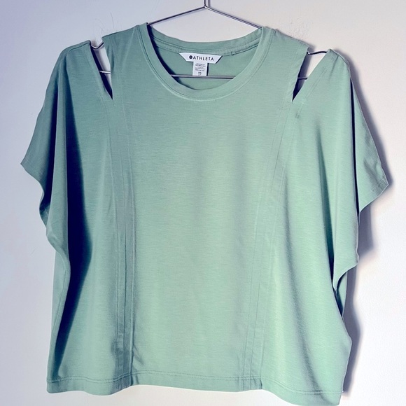 Athleta Intention Tee Split Shoulder Active Stretch Top Sage Green XS Sum 22' - Picture 2 of 10